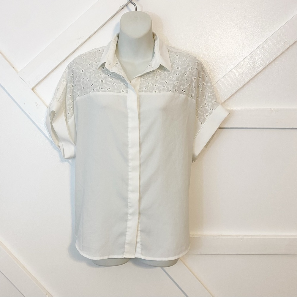 MNG Floral Eyelet Cutout Short Cuff Sleeve Button Down Blouse White Sz 2
